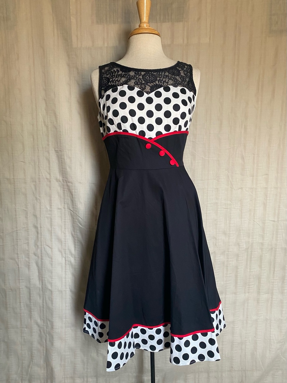 Bbonlinedress Black & White Polka Dot Fit-and-Flare Dress w/ Red Trim size M